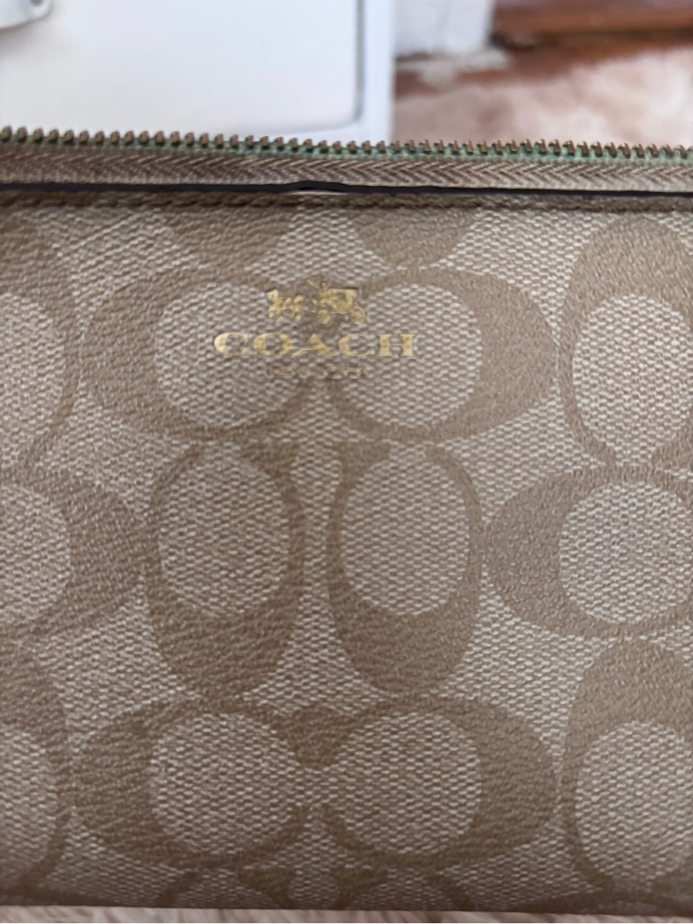 Coach Khaki/Tan Signature Canvas Wristlet with Gold Logo